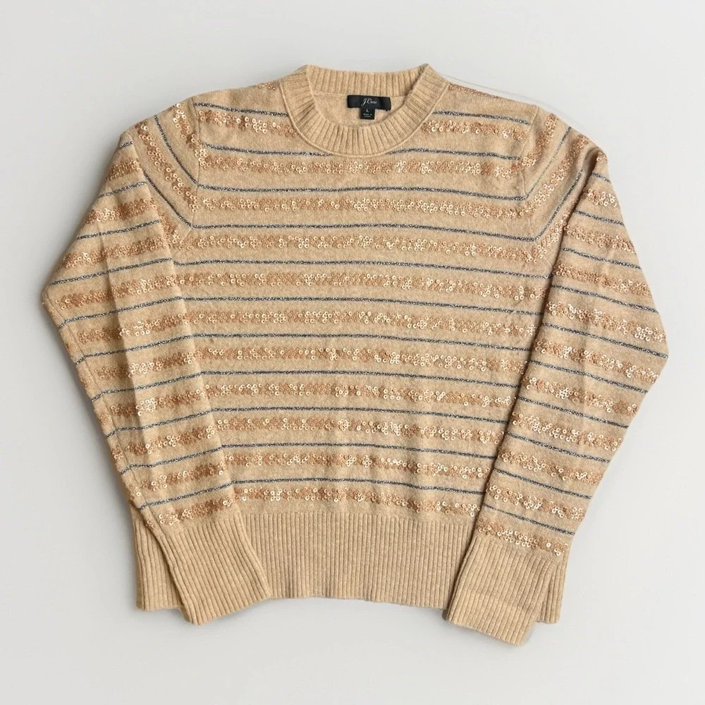 J CREW Soft Retro Beige Silver Metallic Gold Sequin Stripe Knit Sweater Sz LARGE